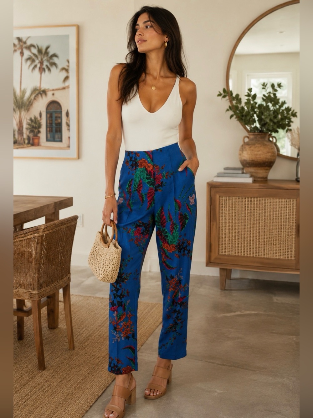 Diane von Furstenberg DVF Silk Blend Floral Trousers Size 6 Blue Tropical Print